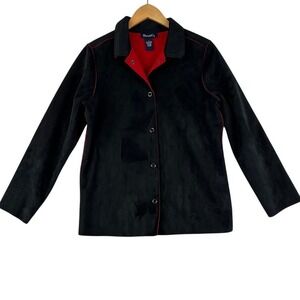 Denim&Co. Fleece Jacket Red Trim Button Front Cozy Comfort Black‎ Small